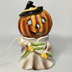 Vintage Relpo Halloween Ceramic Planter Jack O Lantern Scarecrow Lighted CRACKED